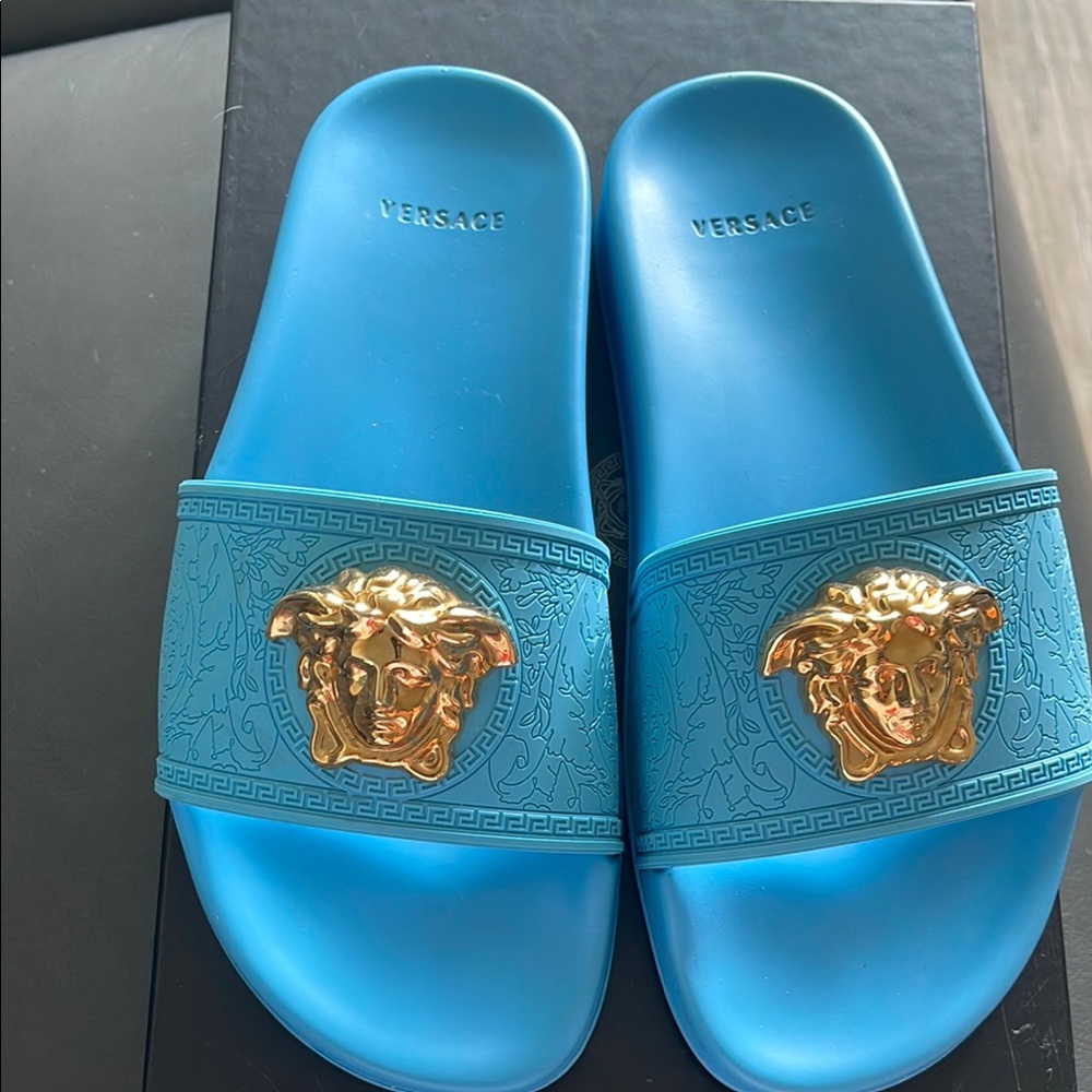 Versace Azure Slides with Gold Medusa Emblem